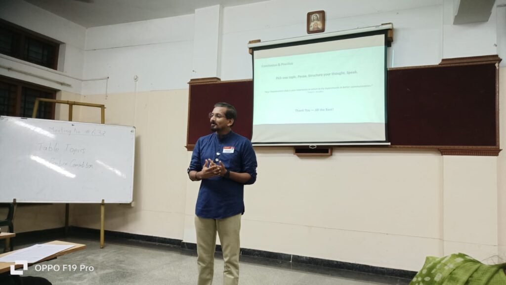Area Director C01 TM Nevin Jose Antony addressing Trivandrum Toastmasters on Table Topics practice.