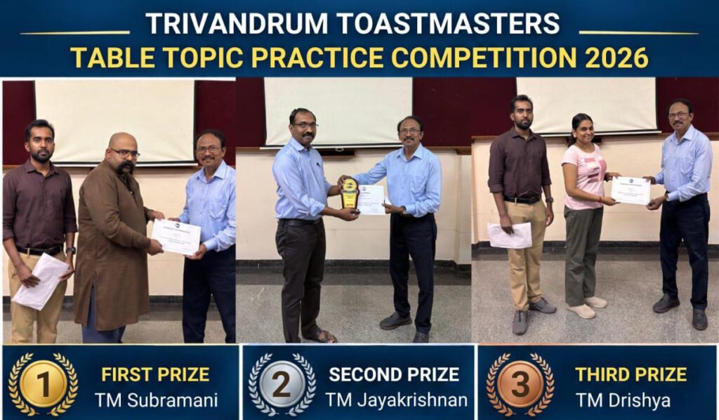 Trivandrum Toastmasters Table Topics Practice Competition 2026 prize winners.