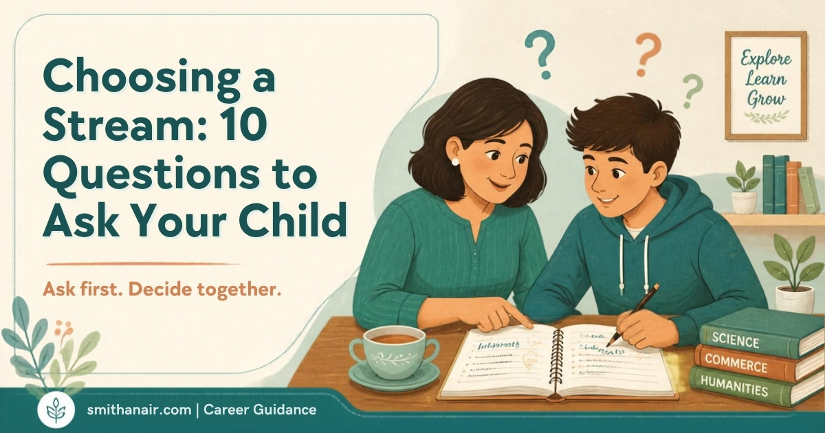 Choosing a stream: a parent and a teenage student talking at a table with question marks above them