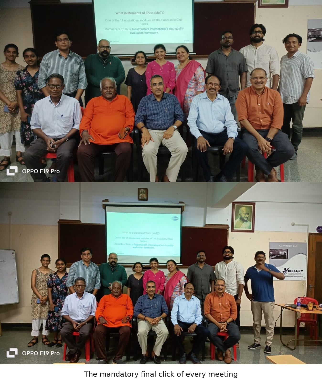 Members of Trivandrum Toastmasters Club in the group photograph at Meeting 635, in front of the Moments of Truth slide
