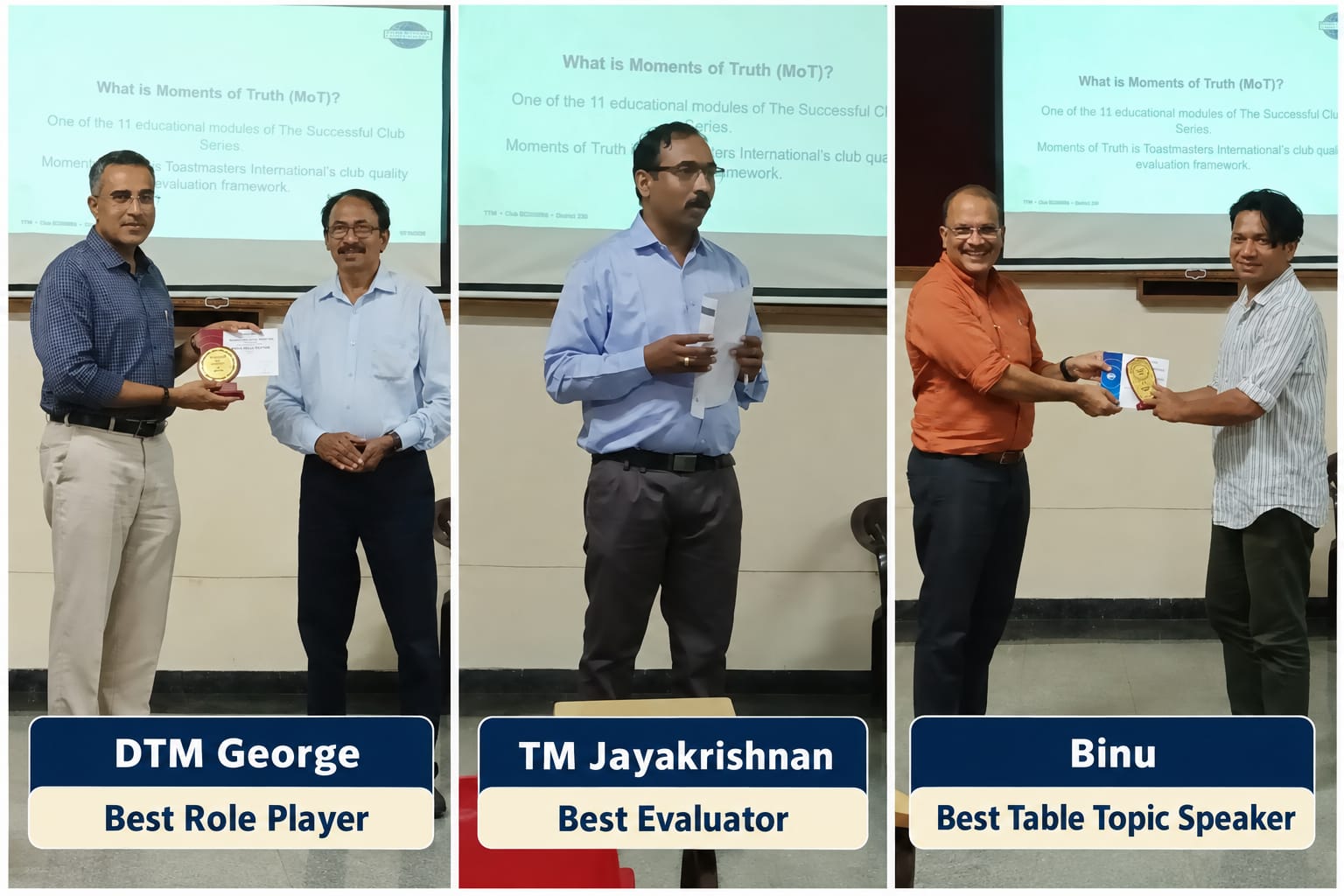 Award winners at Trivandrum Toastmasters Meeting 635: DTM George, TM Jayakrishnan and Binu