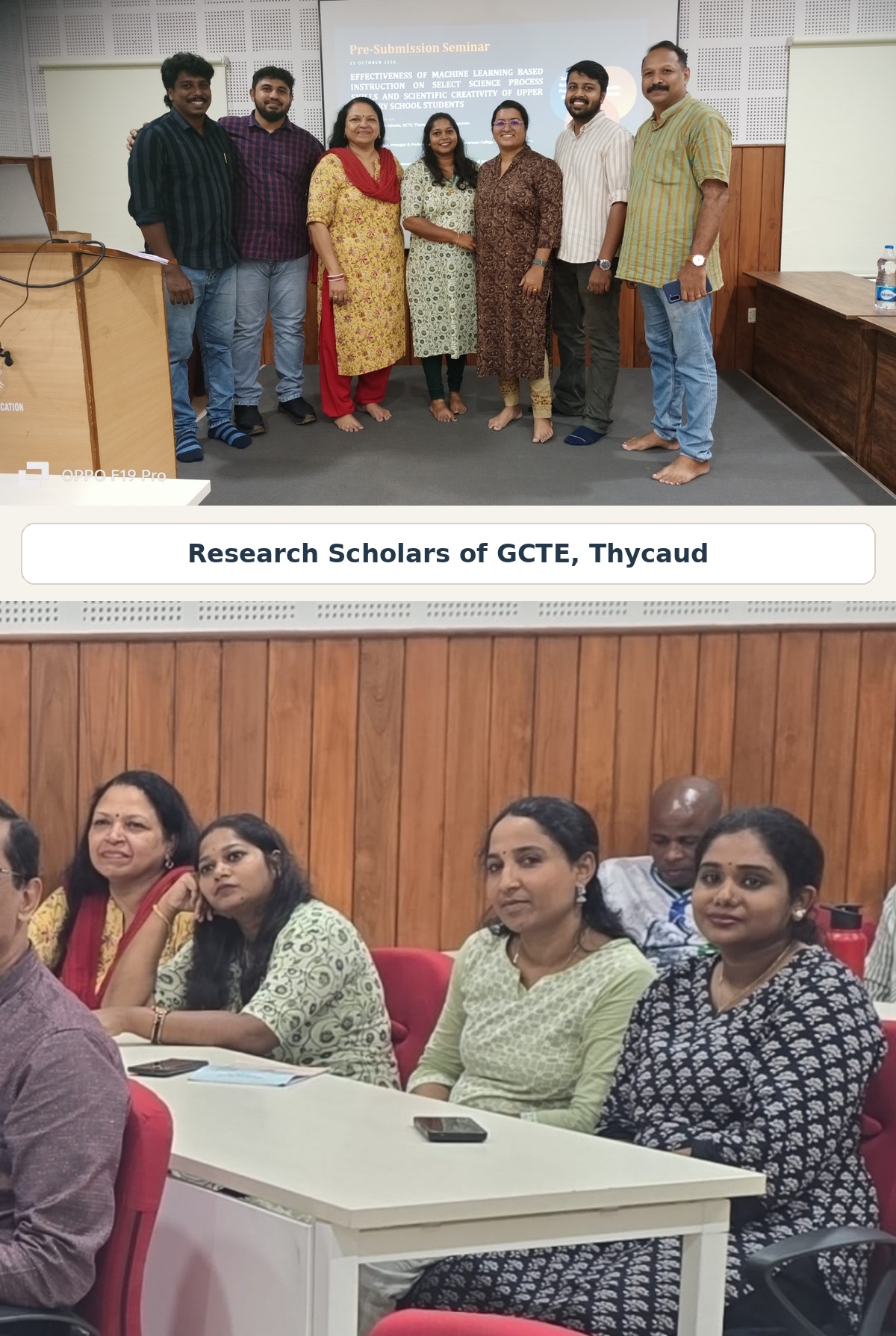 PhD pre-submission seminar: research scholars of the Govt College of Teacher Education, Trivandrum, in a group photo and seated in the audience