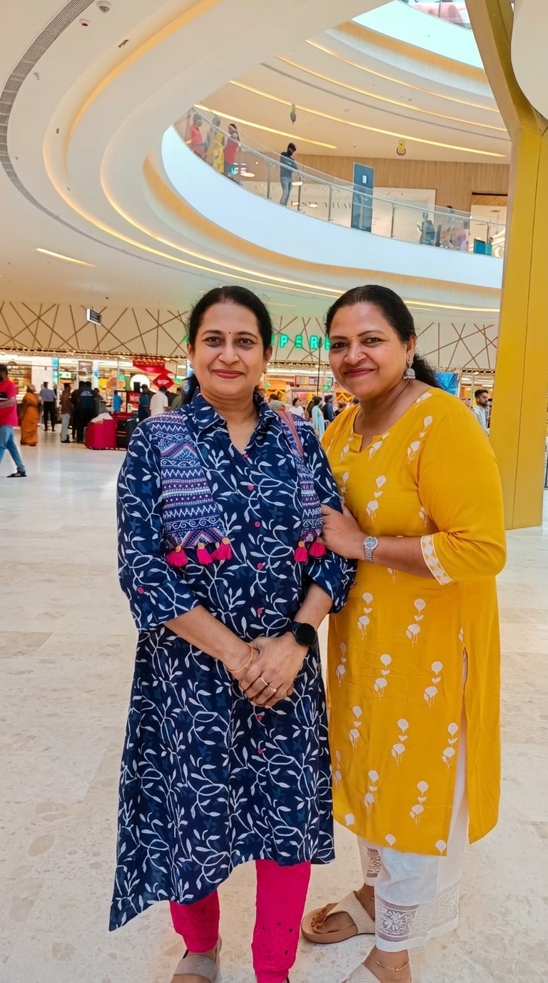 Unseen work of mothers: my elder sister in a blue kurta and I in yellow, smiling together in a shopping mall